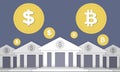 traditional finance vs crypto, several stylized building facades, resembling banks